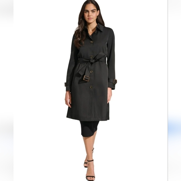 DKNY Single Breasted Pleated Trench Coat Belted Pockets Water Resistant Black XL